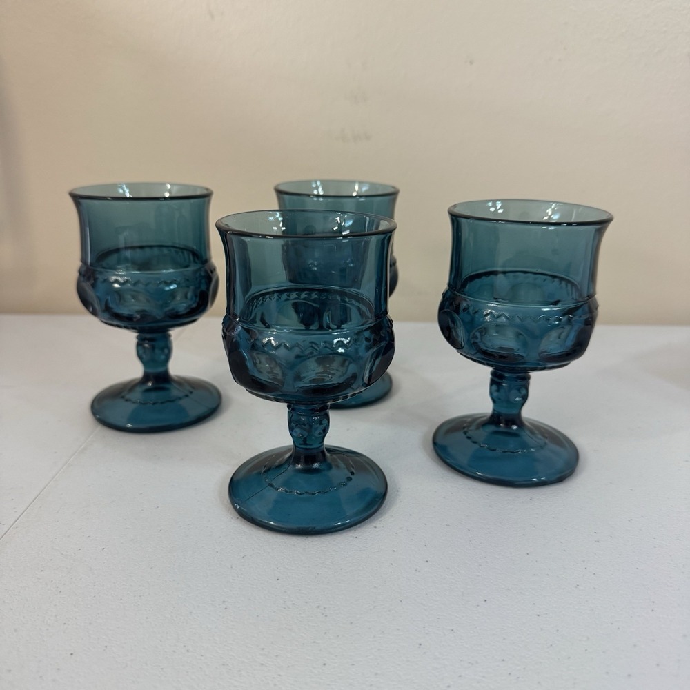 Indiana Glass Kings Crown Teal Blue Thumbprint 4 Ounce Goblets Set of 4 Vintage
